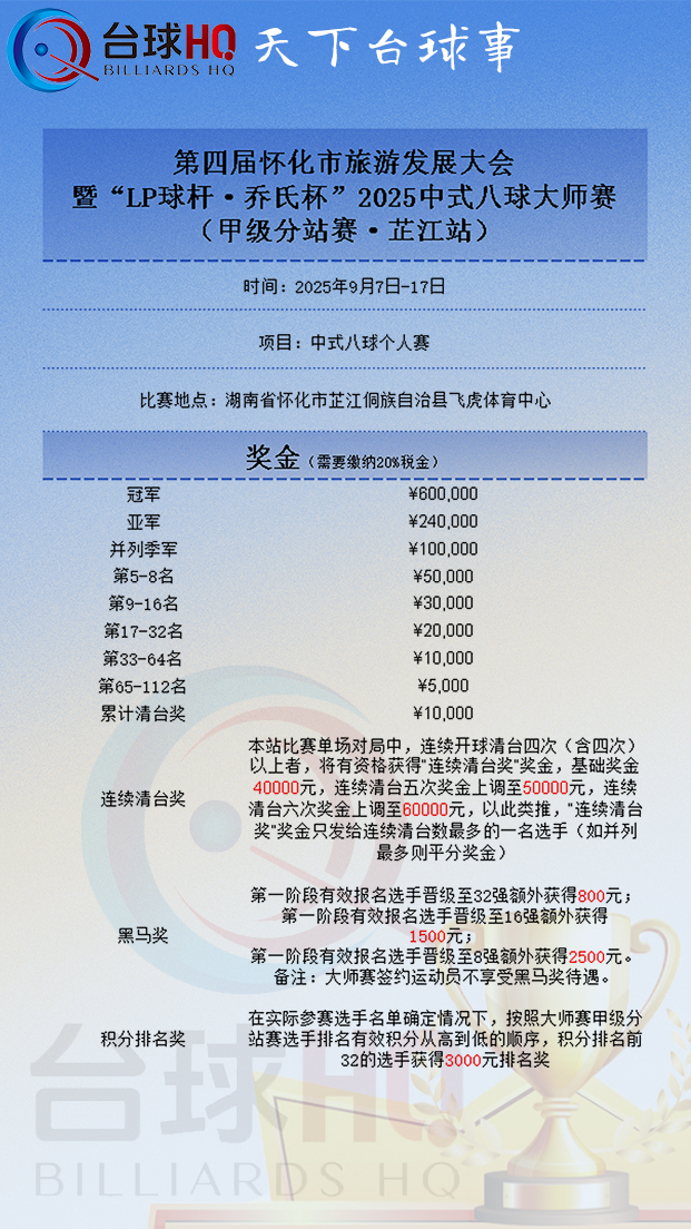 乔氏 | 2025中式八球大师赛(甲级分站赛·芷江站)·奖金地点 乔氏 | 2025中式八球大师赛(甲级分站赛·芷江站)·奖金地点