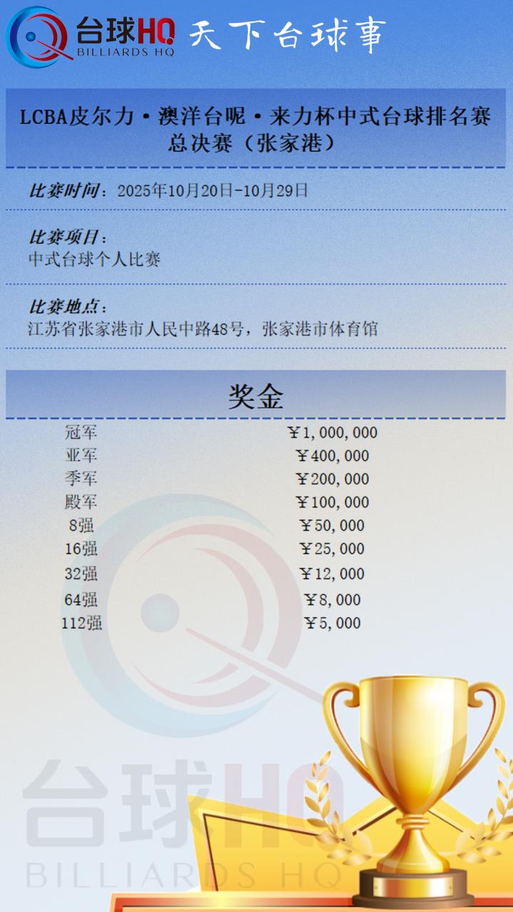 LCBA|中式台球排名赛总决赛(张家港)·奖金地点 LCBA|中式台球排名赛总决赛(张家港)·奖金地点